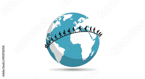 A group of people walking together on a line around the globe, symbolizing global unity and teamwork.