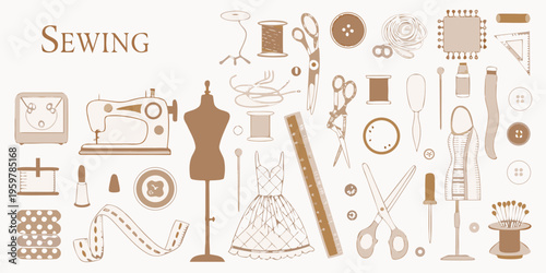 A collection of sewing tools and apparel design elements illustrated in brown