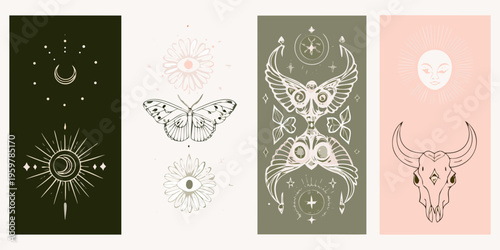 Four vertical banners featuring celestial floral and animalistic line art