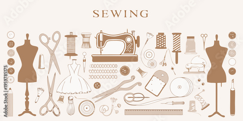 A collection of sewing tools and dress forms in a vintage style