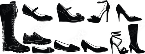 Collection of women shoes silhouettes, fashion footwear set, high heels boots flats sneakers vector illustration isolated on white background, stylish female accessories