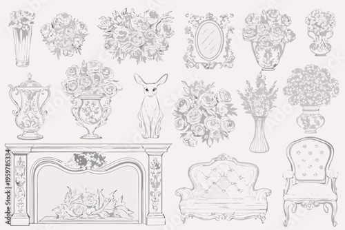 Vintage floral arrangements furniture and a deer in sketch style