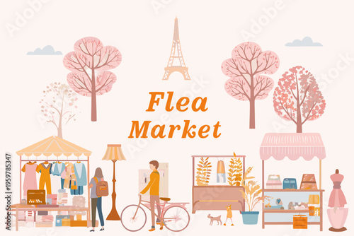 A charming flea market scene featuring parisian elements and shoppers