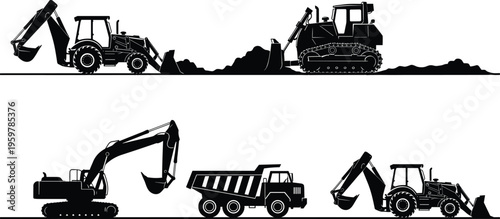 Construction machinery silhouettes set, excavator bulldozer dump truck backhoe vector illustration, heavy equipment collection isolated on white background, industrial building machinery design