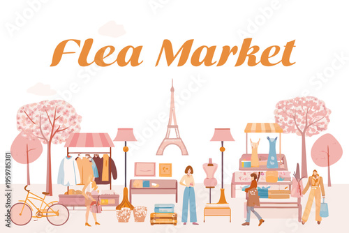 A vibrant flea market scene with vintage items and a parisian backdrop