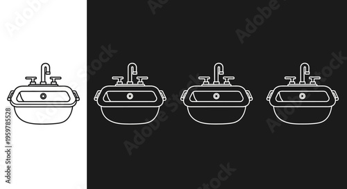 Line drawings of four identical sinks with different shading