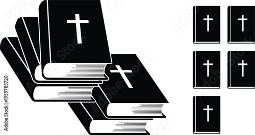 Holy Bible book collection vector illustration, stacked and single scripture icons with cross symbols, minimal black design, isolated objects for Christianity, faith, church and worship themes