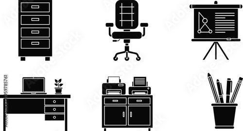 Black silhouette office icons set with filing cabinet, chair, desk, laptop, presentation board, printers, plant, cup with pens.
