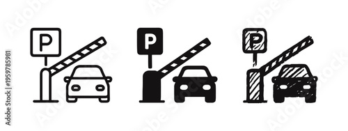 Parking lot entry barrier and car icon set. Vector illustration of automatic gate, sign, and vehicle for transport access.