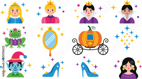 PrintColorful fairy tale icons set with princess, prince, frog, crown, mirror, pumpkin carriage, shoes, magical creature, stars, fantasy illustration.