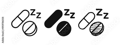 Sleep aid medication with Zzz symbols icon set. Vector illustration of sleeping pills and capsules for drowsiness.