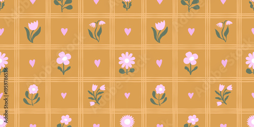 Vector hand drawn seamless pattern in simple doodle sketchy floral wavy and groovy naive style, dopamine and cottage core aesthetic, spring abstract prints with flowers and stripes