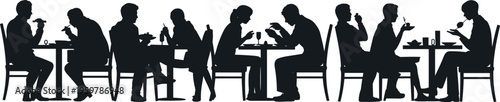 People dining in restaurant silhouette set, couples and individuals eating, social interaction, food culture, lifestyle scene, hospitality and communication concept