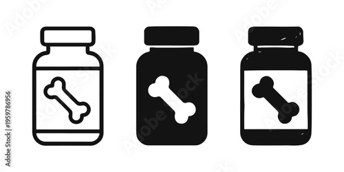 Pet food or supplement jar with bone icon set. Vector illustration of dog treats container for animal nutrition.