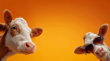 Two cows with brown and white markings wearing sunglasses against a vibrant orange background, showcasing a playful and humorous atmosphere in a studio setting