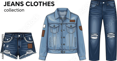 Jeans clothes collection vector featuring denim jacket ripped trousers and shorts with patches for fashion design apparel retail and casual street style outfit illustrations.