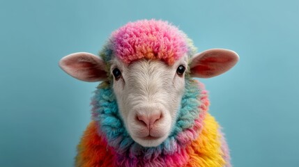 Colorful sheep with vibrant rainbow fur against a solid blue background, showcasing a playful and whimsical appearance in a studio setting