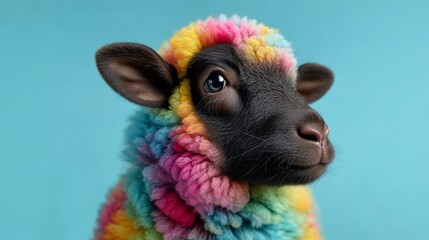 Colorful sheep with a vibrant rainbow wool coat against a solid blue background, showcasing unique and playful animal characteristics in a close-up portrait