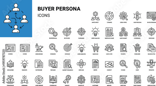 Large collection of buyer persona line icons set featuring customer profile target audience marketing research consumer behavior demographic data sales strategy and business user character vector 