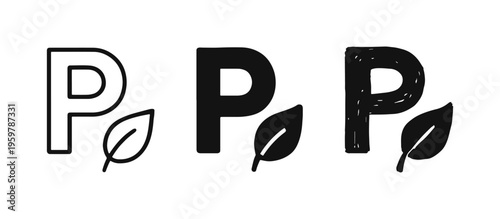 Phosphorus (P) with leaf icon set for plant nutrition. Vector eco-friendly element symbol for agriculture and growth.