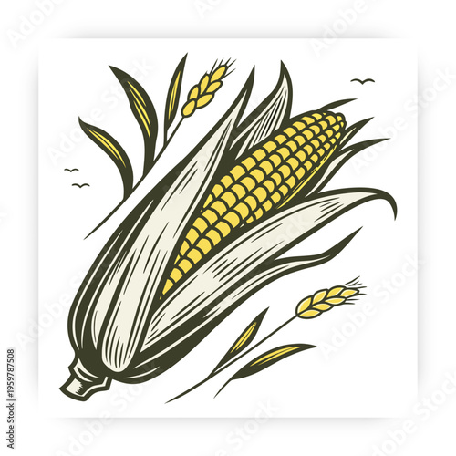 Hand Drawn Corn icon Vector Illustration, Fresh Maize Clipart, Organic Farm Vegetable Design Isolated on White Background.