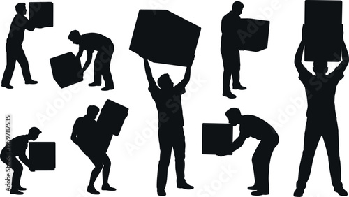 Workers lifting boxes silhouette set, manual labor activity, warehouse operations, delivery and logistics concept, physical work, moving heavy objects illustration