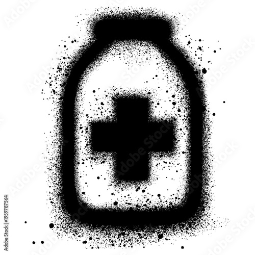 Medicine bottle icon in graffiti style with black spray paint. vector illustration