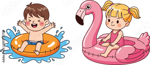 Kids swimming float illustration, children in pool rings, summer water fun, cartoon boy girl inflatable toys, beach holiday vector set