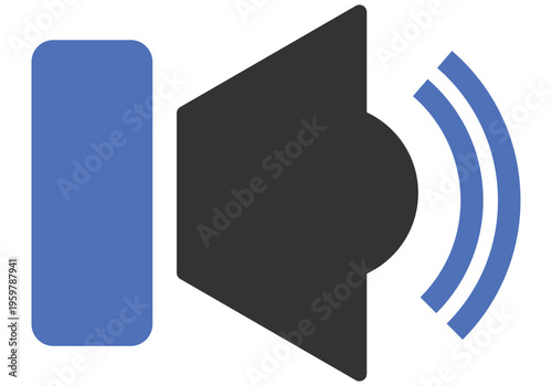 Black and Blue Speaker Volume Icon with Sound Waves Isolated on White Background for Media Controls Audio Settings and Music Playback.