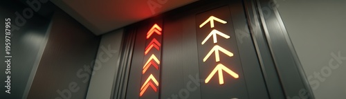 Close-up of elevator doors with illuminated red and white arrows pointing upwards, indicating elevator movement or direction inside a modern building, Medical during wars