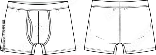 Men underwear, boxer briefs, front back view, clothing template, vector outline, fashion design, garment mockup, minimal, apparel, illustration