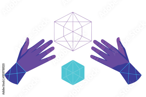 3d wireframe human hands reaching toward each other