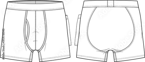 men underwear template, boxer briefs design, front back view, apparel mockup, clothing technical drawing, garment outline, fashion vector, textile concept