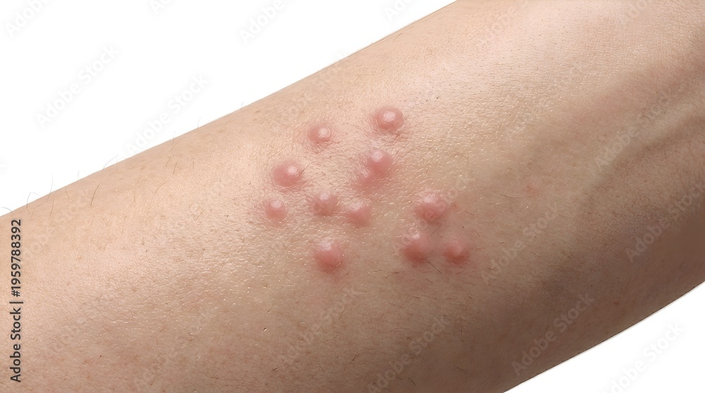 Fototapeta premium Macro view of red skin rash with fluid filled blisters