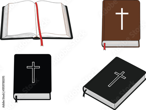 Holy Bible collection vector illustration, open and closed Christian books with cross symbol, sacred scripture set, religious faith concept isolated on white background