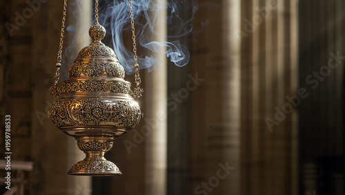 An ornate silver thurible hangs delicately by chains, releasing fragrant incense smoke during a solemn church service or religious ceremony, evoking ancient traditions and spiritual reverence.