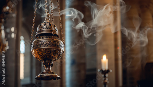 Ornate brass censer, also known as a thurible, emitting fragrant smoke during a solemn church service, creating a mystical and reverent atmosphere for spiritual reflection.