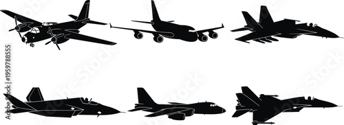 Military aircraft silhouettes vector illustration, collection of fighter jets, bomber and transport airplanes, aviation set, modern air force planes isolated on white background