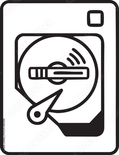 A stylized illustration of a computer hard drive with a magnifying glass examining it.