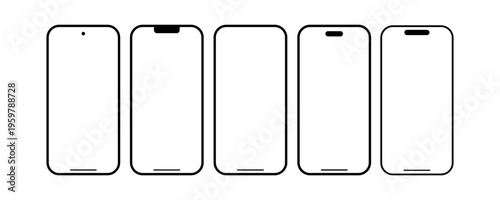 Set of Five Minimalist Smart Phone Mockups with Empty Screen for Mobile Application Presentation.