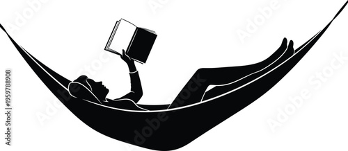 Silhouette of a young woman relaxing in a hammock and reading a book during summer vacation leisure time for wellness, relaxation, and outdoor lifestyle concept (25 words)