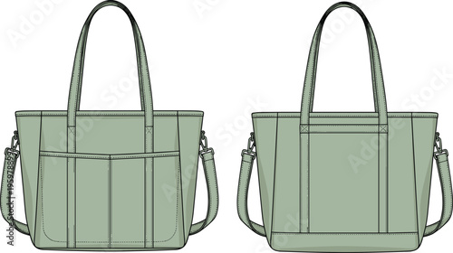 Tote bag design, front back view, shoulder handbag, fashion accessory, vector template, modern minimal style, reusable shopping bag illustration