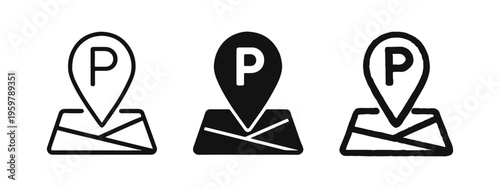 Parking location map pointer icon set for navigation, finding parking spots, and travel apps.