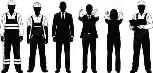 workers, silhouettes, construction, engineer, business, team, safety, helmet, uniform, labor, profession, industry, workforce, people, standing, diversity, manager, technician, occupation, concept