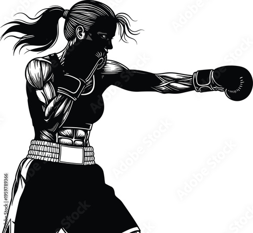 Strong Muscular Female Boxer Character in High Contrast Black and White Vector Illustration Throwing a Power Jab Punch for Fitness and Sports Motivation Graphics