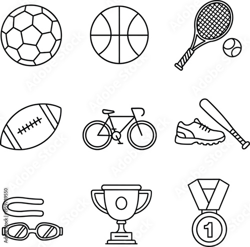 Sports equipment icons including soccer ball basketball tennis racket baseball tennis ball