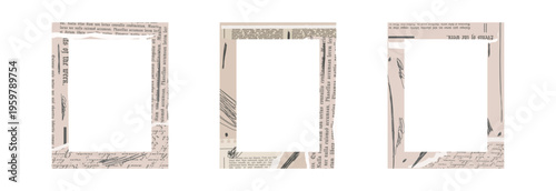 Torn vintage ripped collage frames with old clipping texture. Newspaper borders for scrapbook. Old gazette news sheets. Trendy retro vintage paper cut, rip torn. Isolated vector illustration.