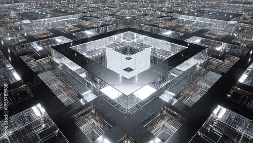 Infinite luxury rose gold and silver mirror room interior with recursive reflections receding into deep perspective
