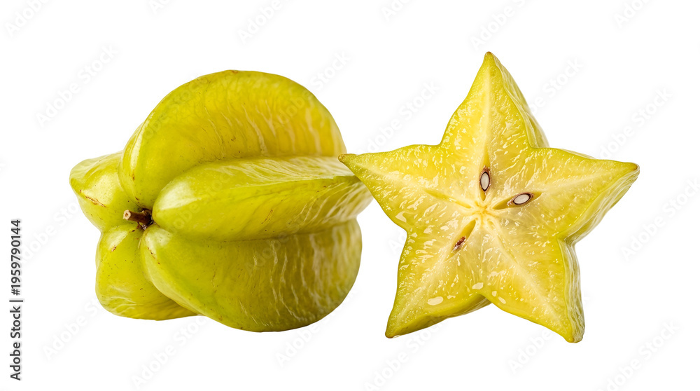 Fototapeta premium Vivid star-shaped carambola fruit with glossy yellow-green surface and juicy interior displayed against a sleek black background