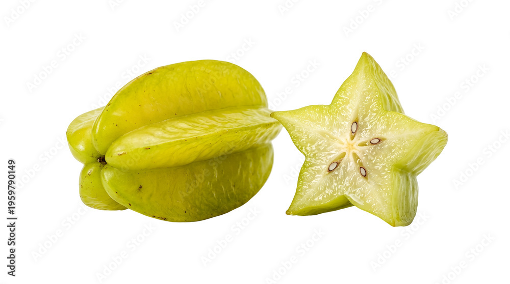 Fototapeta premium Vibrant whole and sliced star-shaped green starfruit on black background for tropical fruit display